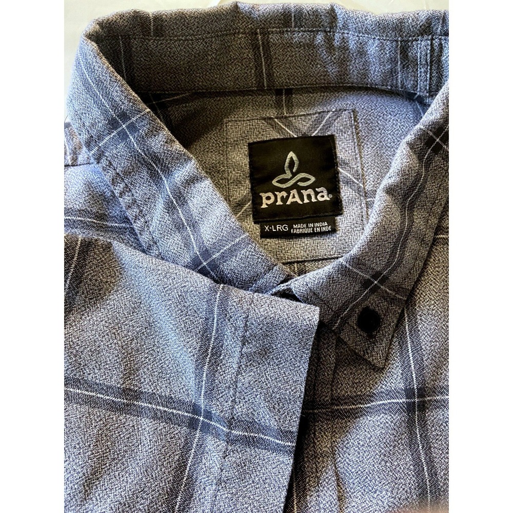 Prana Mens XL Gray Blue Plaid Short Sleeve Button Down Shirt Casual Outdoor